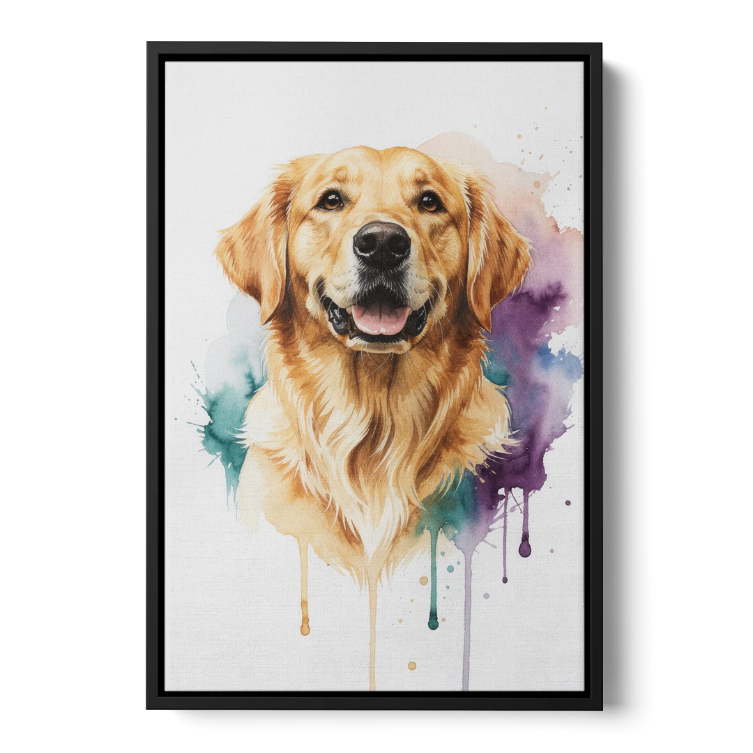 Watercolor Golden Retriever Portrait - Black Framed Canvas Wall Art - Front