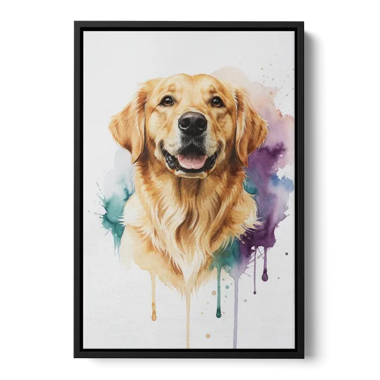 Watercolor Golden Retriever Portrait - Black Framed Canvas Wall Art - Front