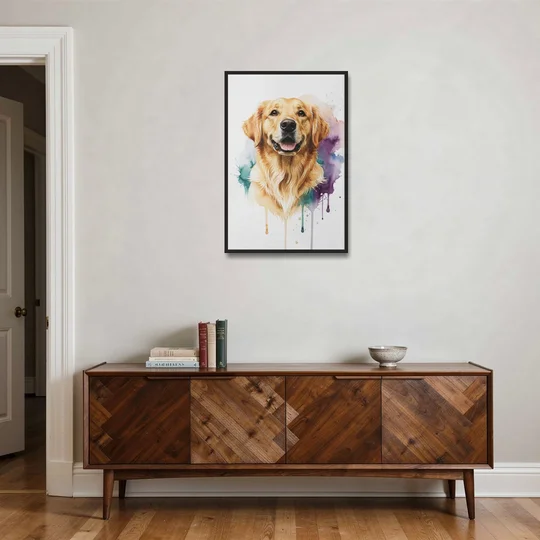 Watercolor Golden Retriever Portrait - Black Framed Canvas Wall Art - Coffee Table - 24x36