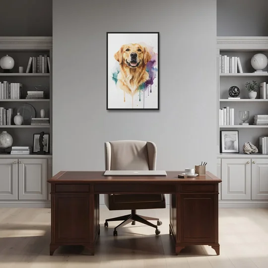 Watercolor Golden Retriever Portrait - Black Framed Canvas Wall Art - Office - 24x36