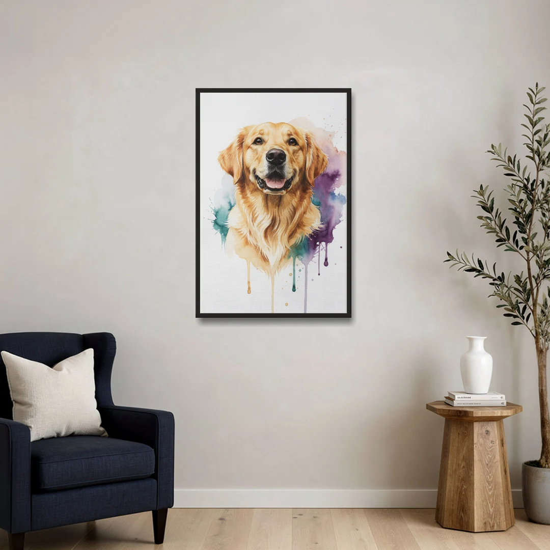 Watercolor Golden Retriever Portrait - Black Framed Canvas Wall Art - Sofa - 24x36