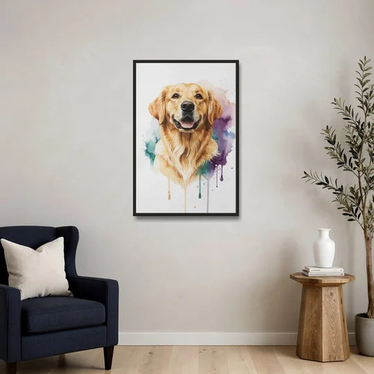 Watercolor Golden Retriever Portrait - Black Framed Canvas Wall Art - Sofa - 24x36