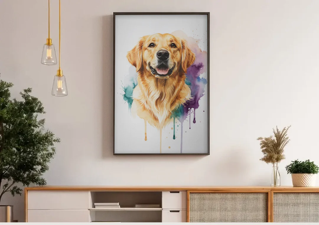 Watercolor Golden Retriever Portrait canvas wall art above a wooden sideboard under pendant lights
