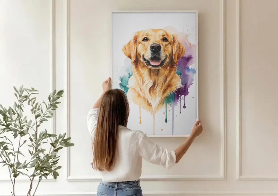 Watercolor Golden Retriever Portrait canvas wall art being hung on a paneled wall