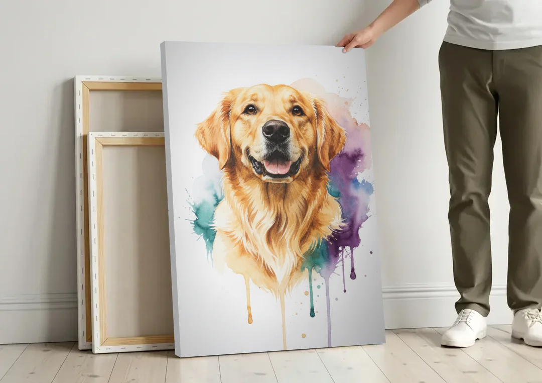 Watercolor Golden Retriever Portrait canvas wall art leaning against a wall next to blank canvases