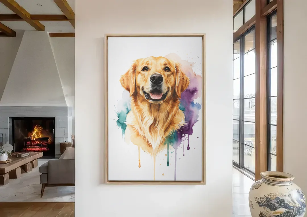 Watercolor Golden Retriever Portrait canvas wall art in a living room with a fireplace