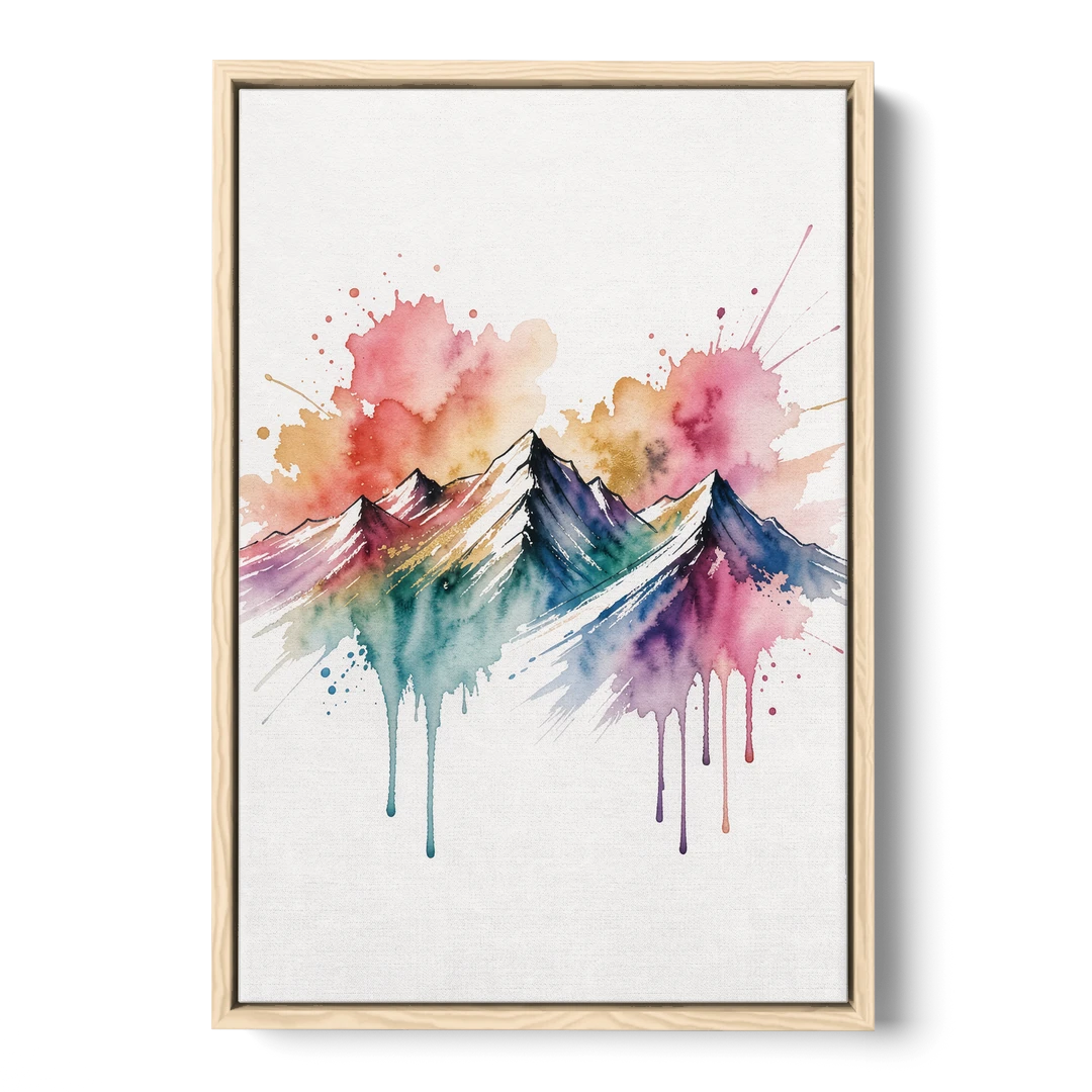 Watercolor Mountain in Sunset Bloom for the Living Room - Oak Framed Canvas Wall Art - Front