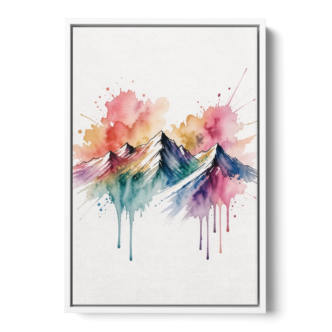 Watercolor Mountain in Sunset Bloom for the Living Room - White Framed Canvas Wall Art - Front