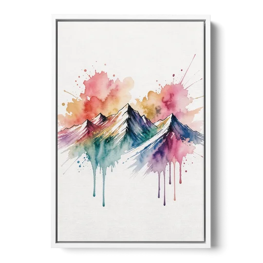 Watercolor Mountain in Sunset Bloom for the Living Room - White Framed Canvas Wall Art - Front