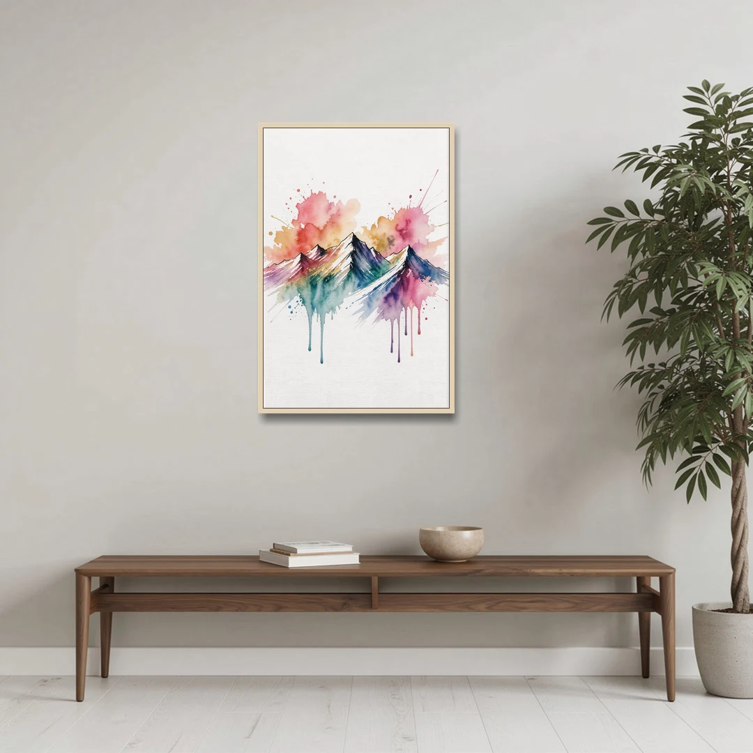 Watercolor Mountain in Sunset Bloom for the Living Room - Oak Framed Canvas Wall Art - Coffee Table - 24x36
