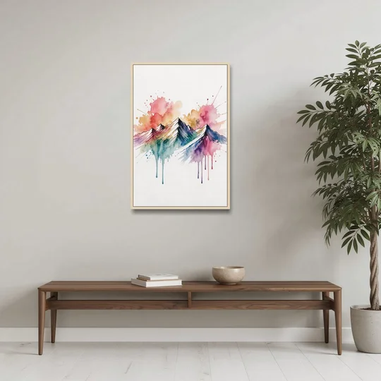 Watercolor Mountain in Sunset Bloom for the Living Room - Oak Framed Canvas Wall Art - Coffee Table - 24x36