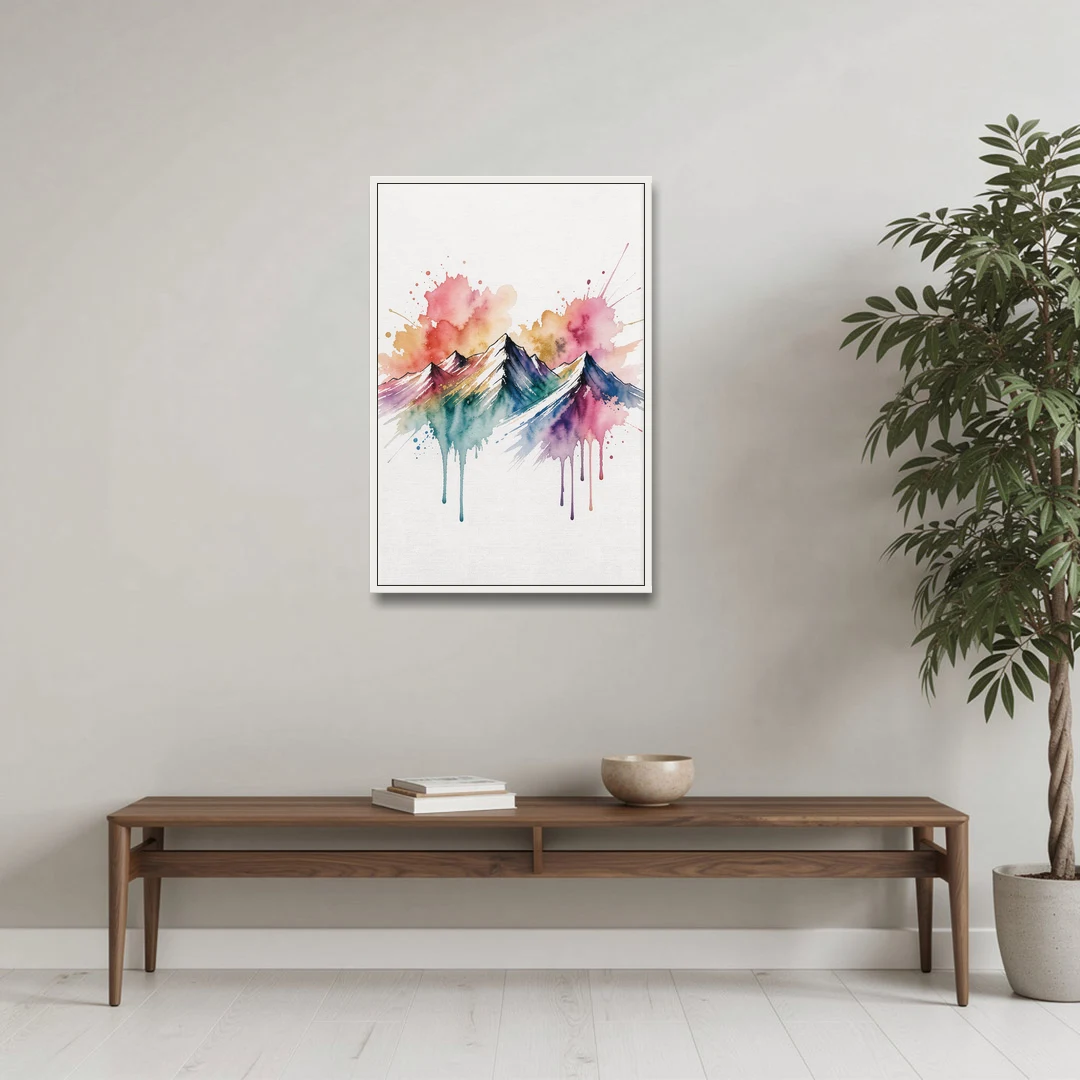 Watercolor Mountain in Sunset Bloom for the Living Room - White Framed Canvas Wall Art - Coffee Table - 24x36