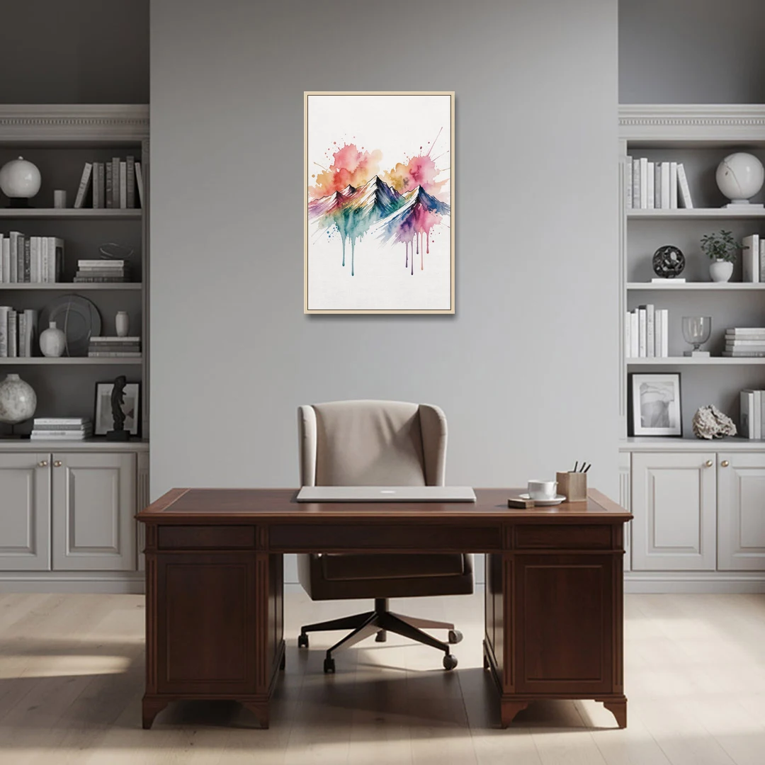 Watercolor Mountain in Sunset Bloom for the Living Room - Oak Framed Canvas Wall Art - Office - 24x36