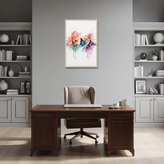 Watercolor Mountain in Sunset Bloom for the Living Room - Oak Framed Canvas Wall Art - Office - 24x36