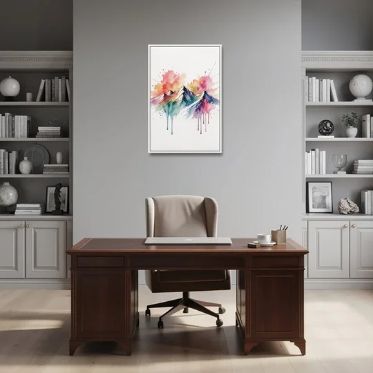 Watercolor Mountain in Sunset Bloom for the Living Room - White Framed Canvas Wall Art - Office - 24x36