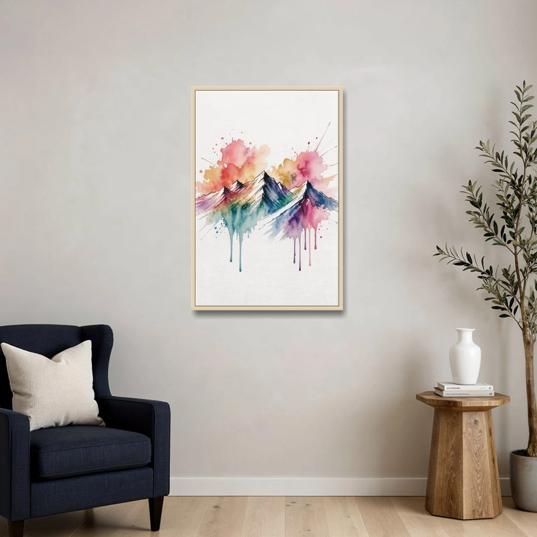 Watercolor Mountain in Sunset Bloom for the Living Room - Oak Framed Canvas Wall Art - Sofa - 24x36