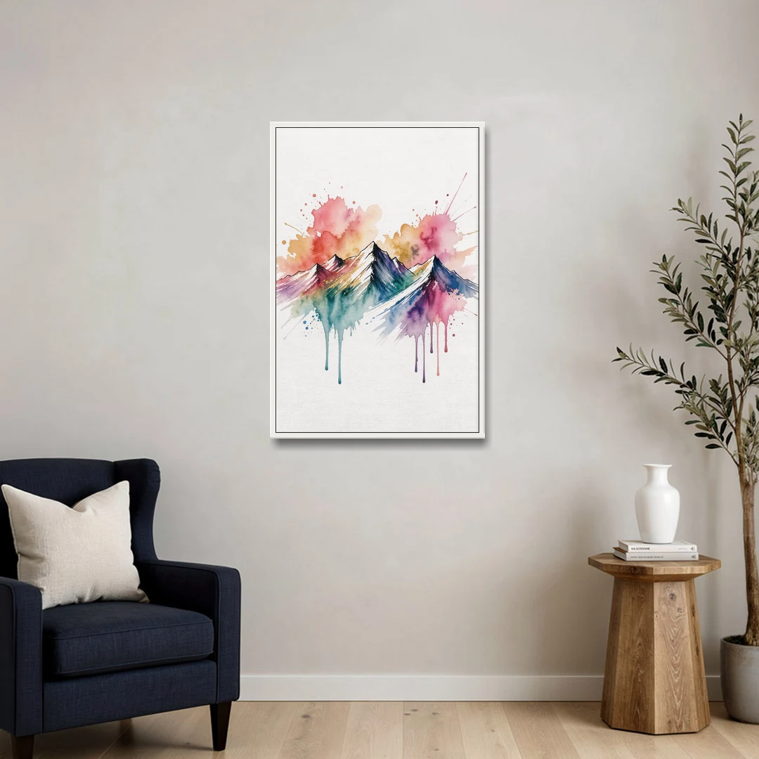 Watercolor Mountain in Sunset Bloom for the Living Room - White Framed Canvas Wall Art - Sofa - 24x36