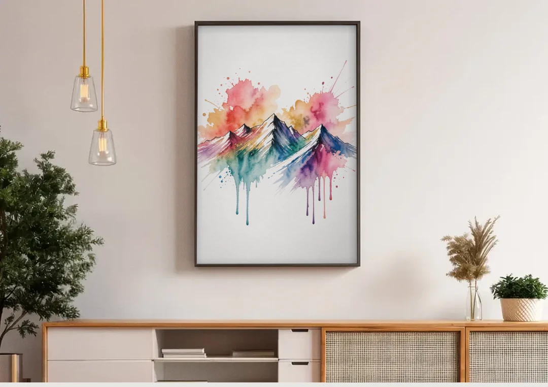 Watercolor Mountain in Sunset Bloom for the Living Room canvas wall art above a wooden sideboard under pendant lights