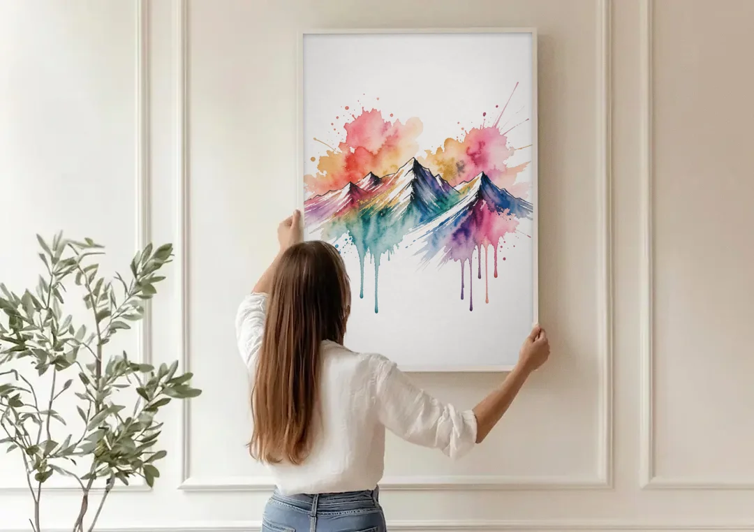 Watercolor Mountain in Sunset Bloom for the Living Room canvas wall art being hung on a paneled wall