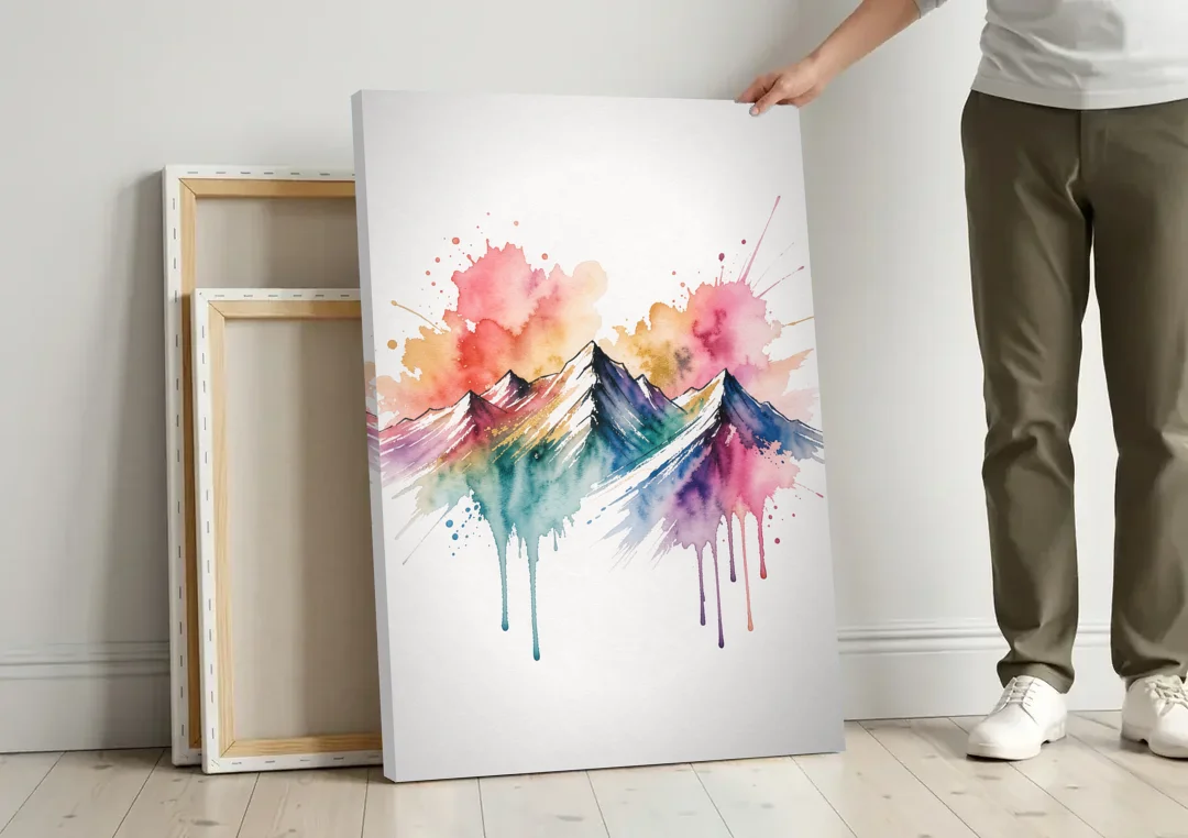 Watercolor Mountain in Sunset Bloom for the Living Room canvas wall art leaning against a wall next to blank canvases