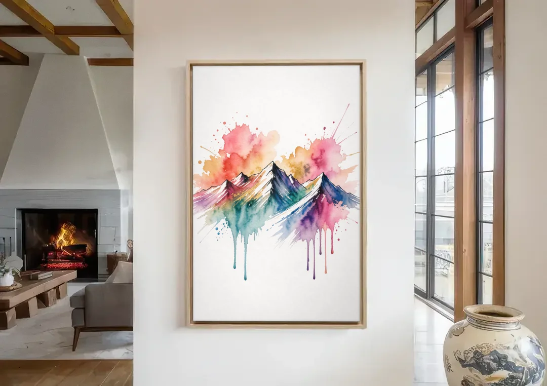 Watercolor Mountain in Sunset Bloom for the Living Room canvas wall art in a living room with a fireplace