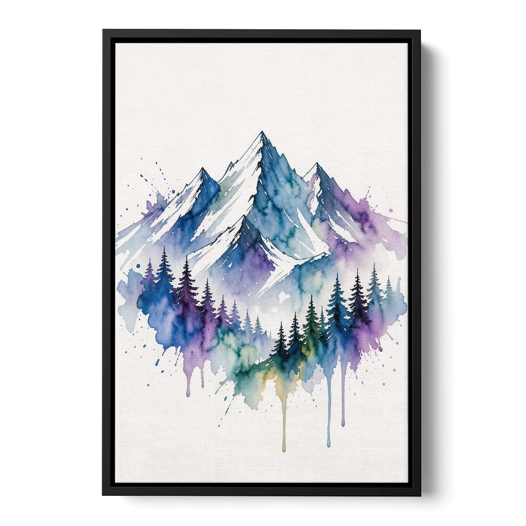 Watercolor Mountain Painting in Violet Bloom - Black Framed Canvas Wall Art - Front