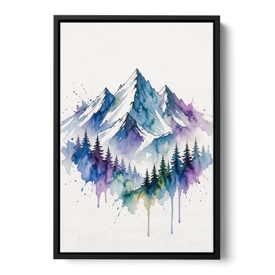 Watercolor Mountain Painting in Violet Bloom - Black Framed Canvas Wall Art - Front