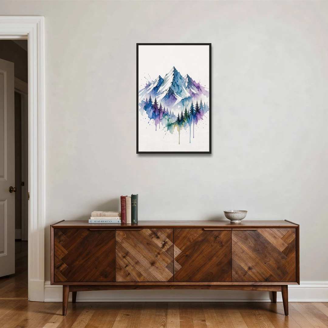 Watercolor Mountain Painting in Violet Bloom - Black Framed Canvas Wall Art - Coffee Table - 24x36