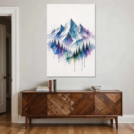 Watercolor Mountain Painting in Violet Bloom - Canvas Wall Art - Coffee Table - 40x60