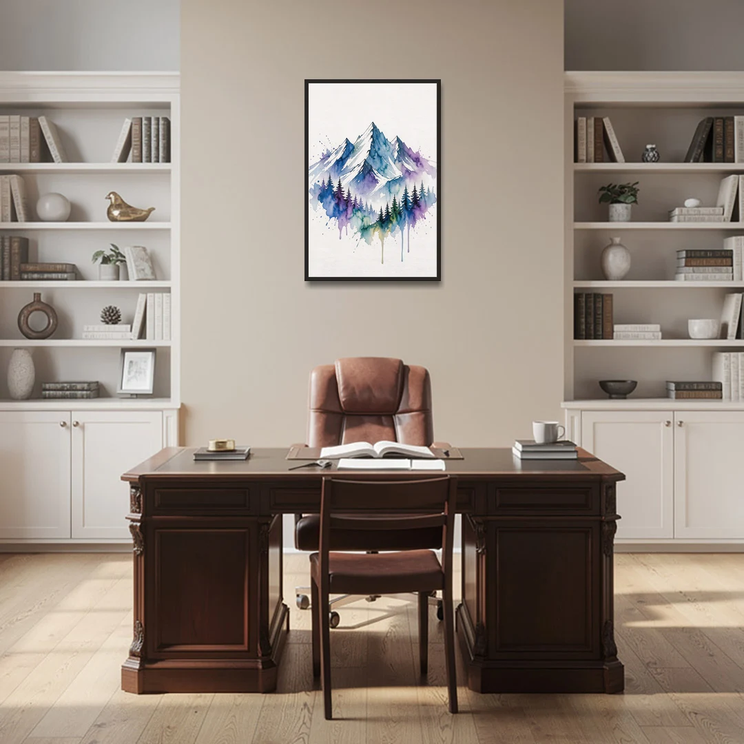 Watercolor Mountain Painting in Violet Bloom - Black Framed Canvas Wall Art - Office - 24x36