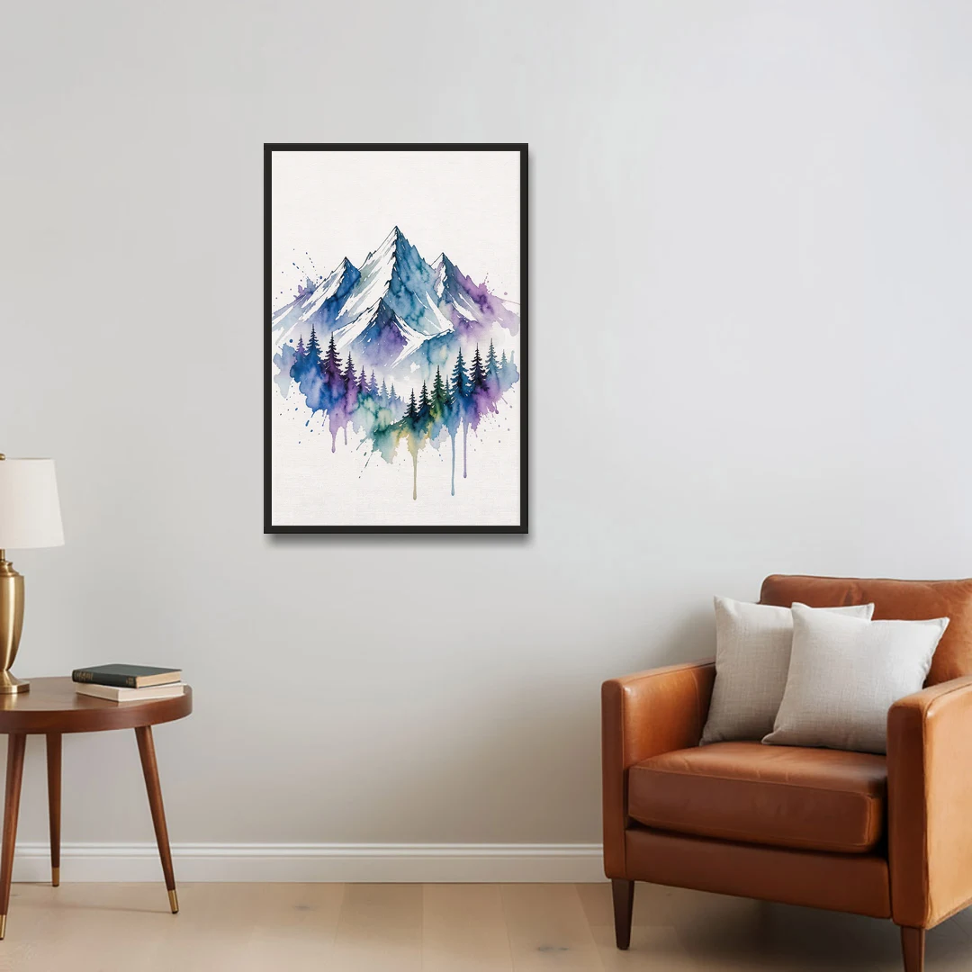Watercolor Mountain Painting in Violet Bloom - Black Framed Canvas Wall Art - Sofa - 24x36