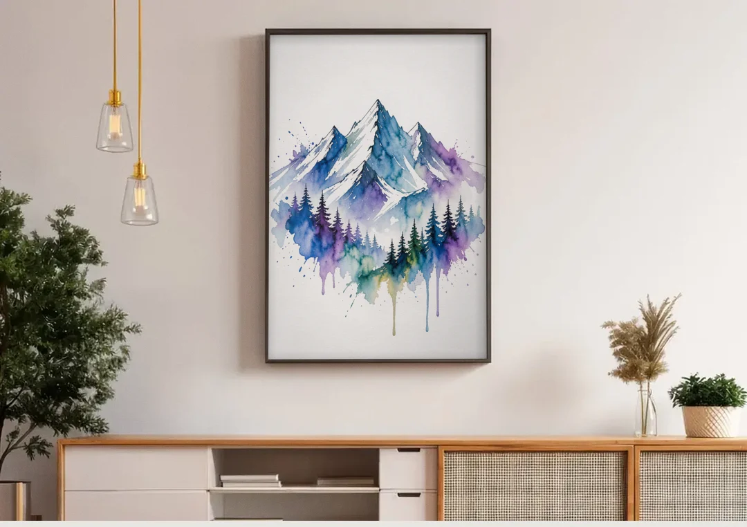Watercolor Mountain Painting in Violet Bloom canvas wall art above a wooden sideboard under pendant lights