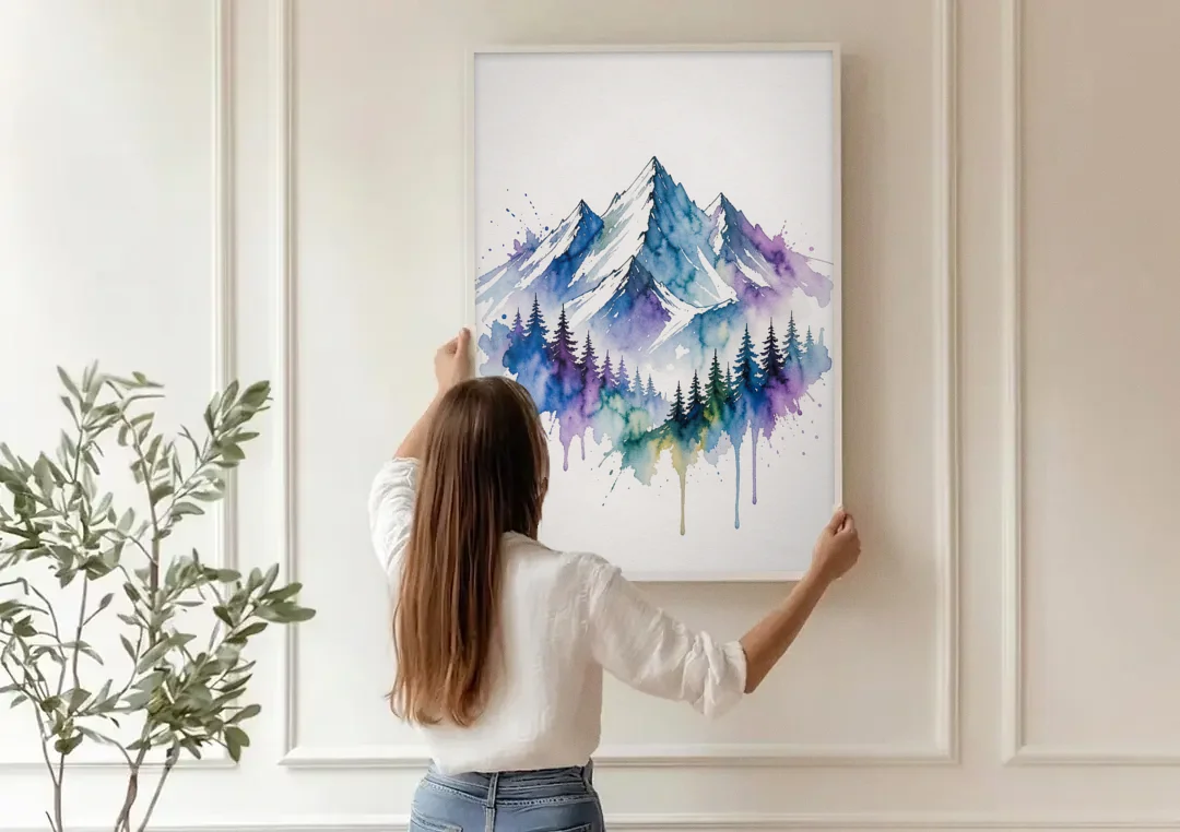 Watercolor Mountain Painting in Violet Bloom canvas wall art being hung on a paneled wall