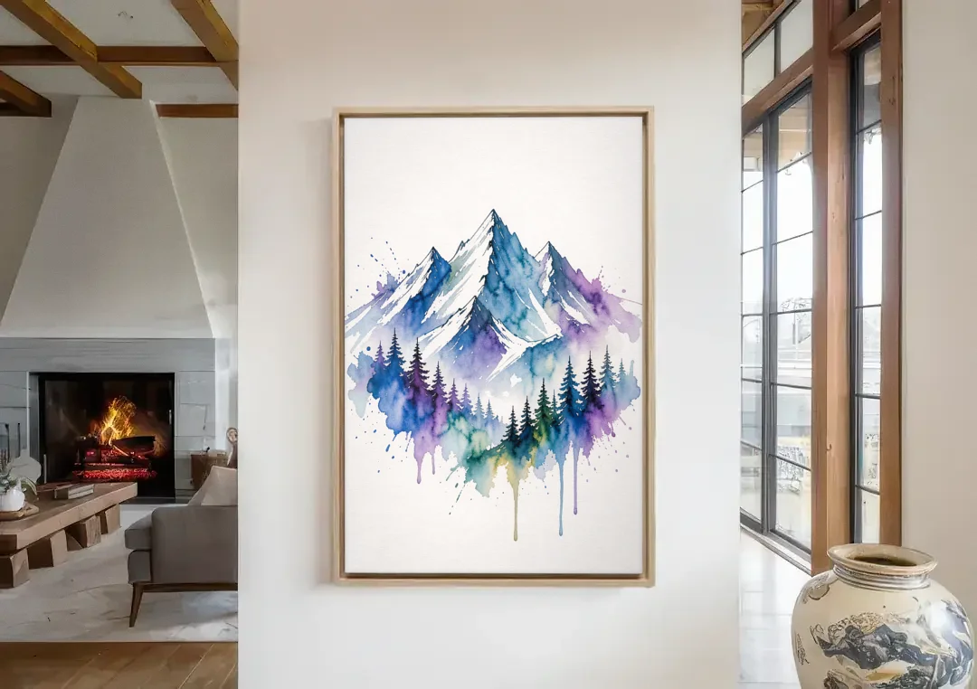 Watercolor Mountain Painting in Violet Bloom canvas wall art in a living room with a fireplace