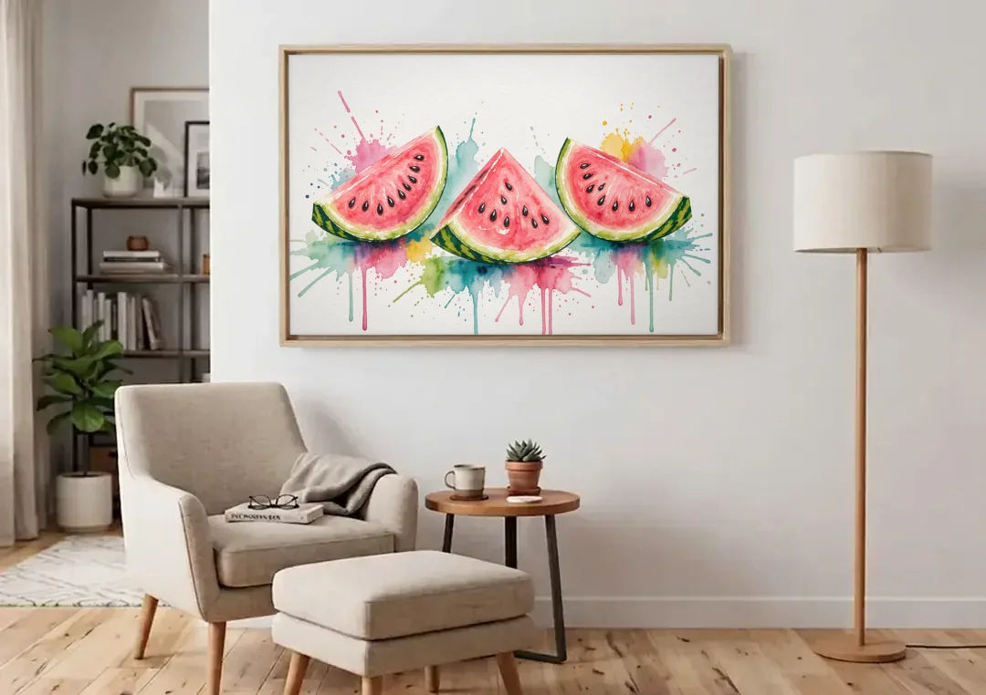 Watermelon Painting with Three Juicy Slices canvas wall art above an armchair in a bright living room