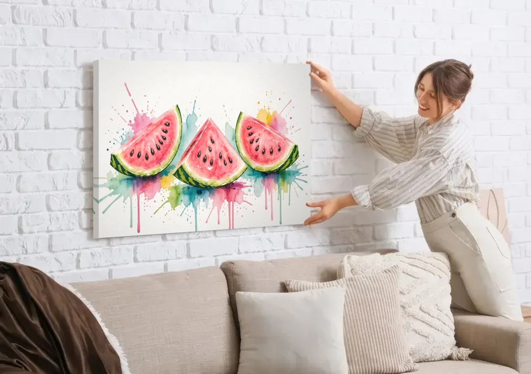 Watermelon Painting with Three Juicy Slices canvas wall art being hung on a white brick wall above a sofa