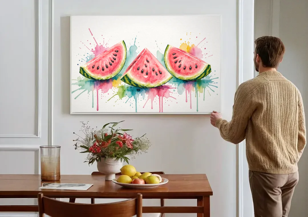 Watermelon Painting with Three Juicy Slices canvas wall art above a dining table