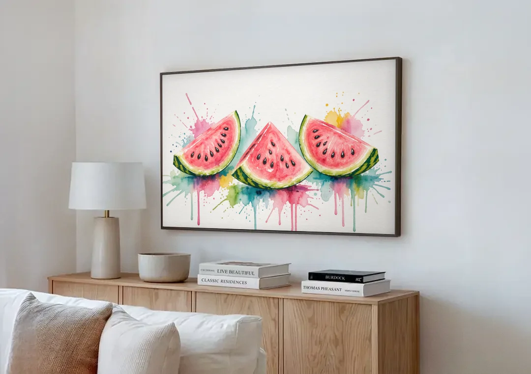 Watermelon Painting with Three Juicy Slices canvas wall art above a wooden sideboard next to a sofa