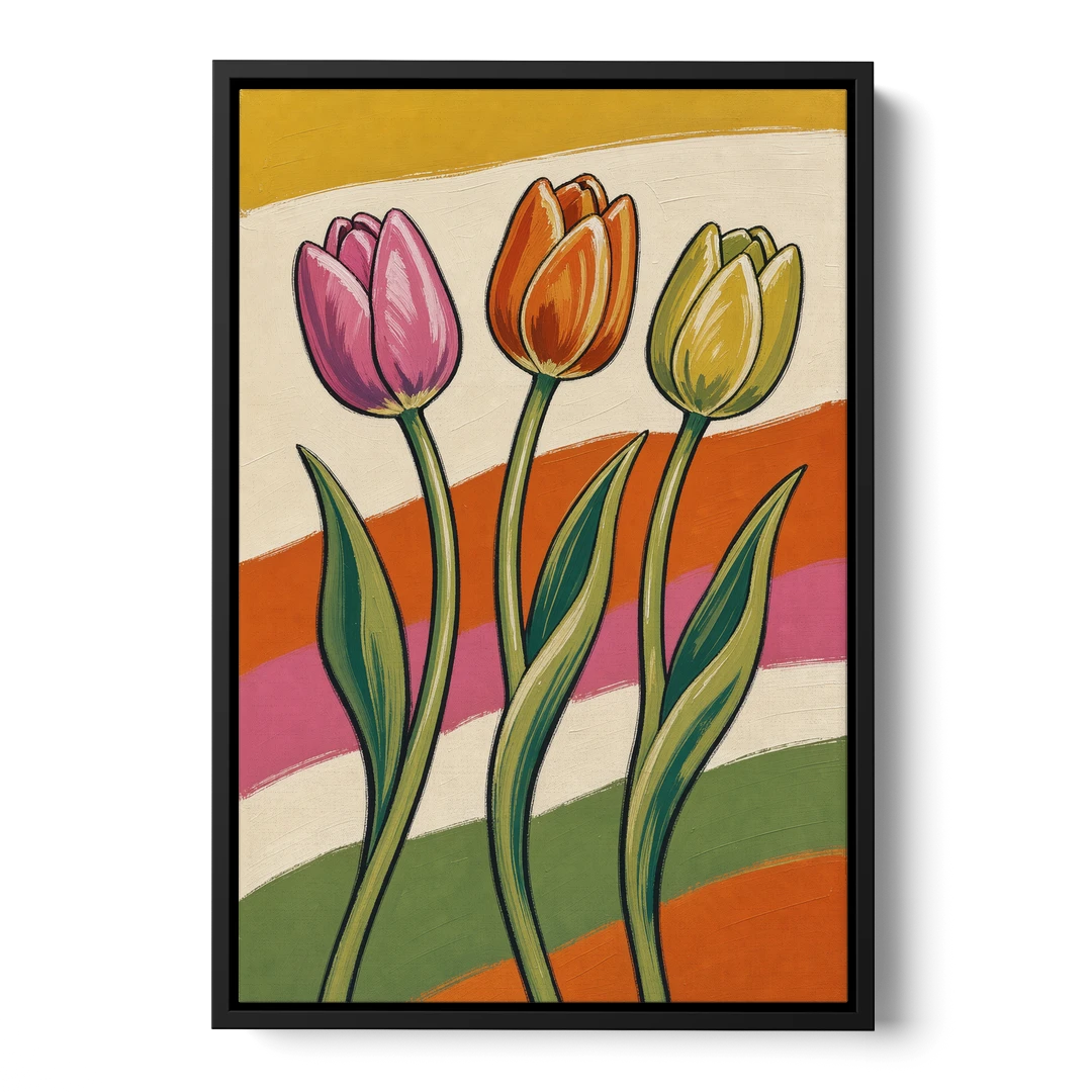 Wavy Retro Dancing Tulip Trio - Black Framed Canvas Wall Art - Front