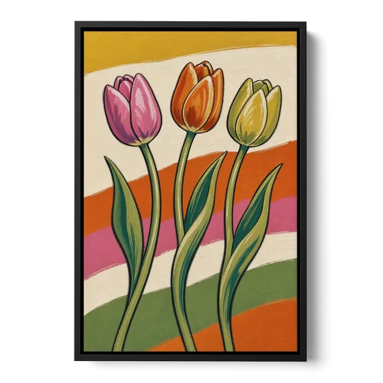 Wavy Retro Dancing Tulip Trio - Black Framed Canvas Wall Art - Front