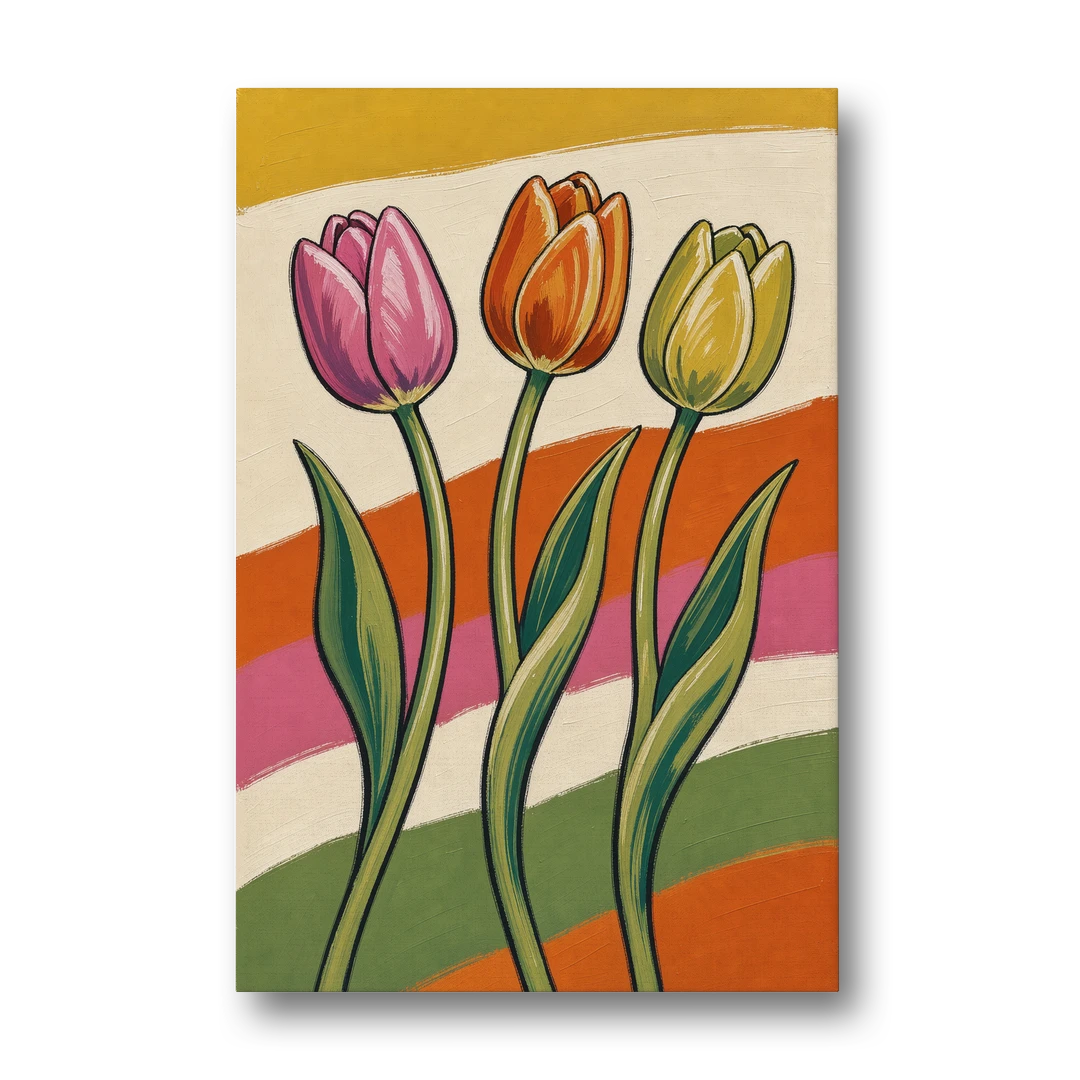 Wavy Retro Dancing Tulip Trio - Canvas Wall Art - Front