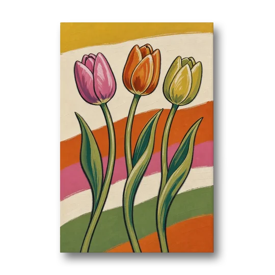 Wavy Retro Dancing Tulip Trio - Canvas Wall Art - Front
