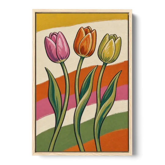 Wavy Retro Dancing Tulip Trio - Oak Framed Canvas Wall Art - Front