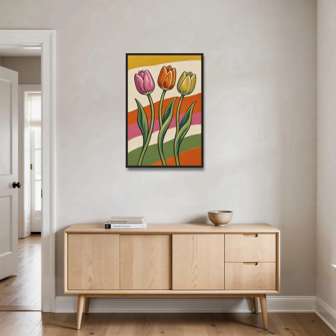 Wavy Retro Dancing Tulip Trio - Black Framed Canvas Wall Art - Coffee Table - 24x36