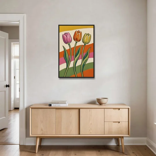 Wavy Retro Dancing Tulip Trio - Black Framed Canvas Wall Art - Coffee Table - 24x36