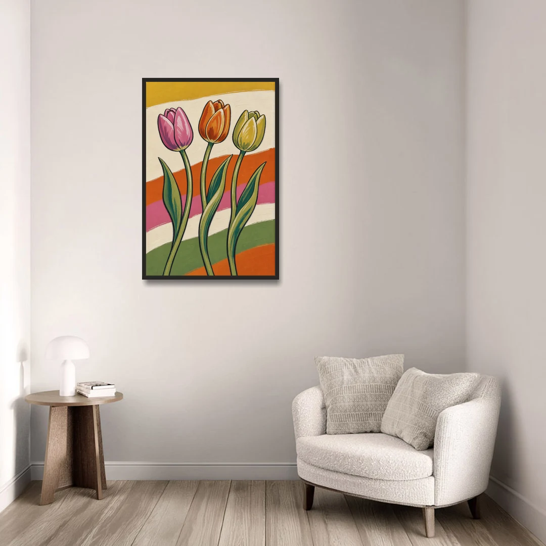 Wavy Retro Dancing Tulip Trio - Black Framed Canvas Wall Art - Sofa - 24x36
