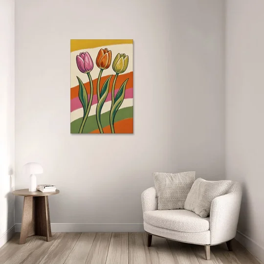 Wavy Retro Dancing Tulip Trio - Canvas Wall Art - Sofa - 24x36