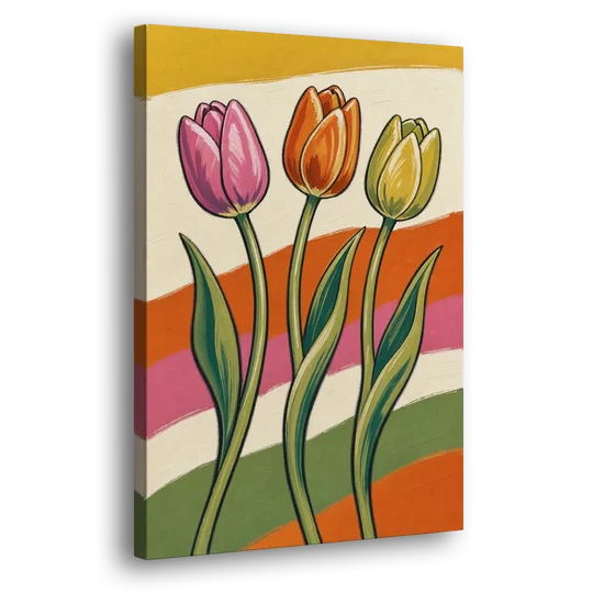Wavy Retro Dancing Tulip Trio - Canvas Wall Art - Side