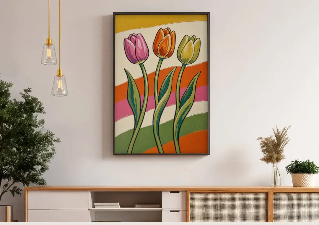 Wavy Retro Dancing Tulip Trio canvas wall art above a wooden sideboard under pendant lights
