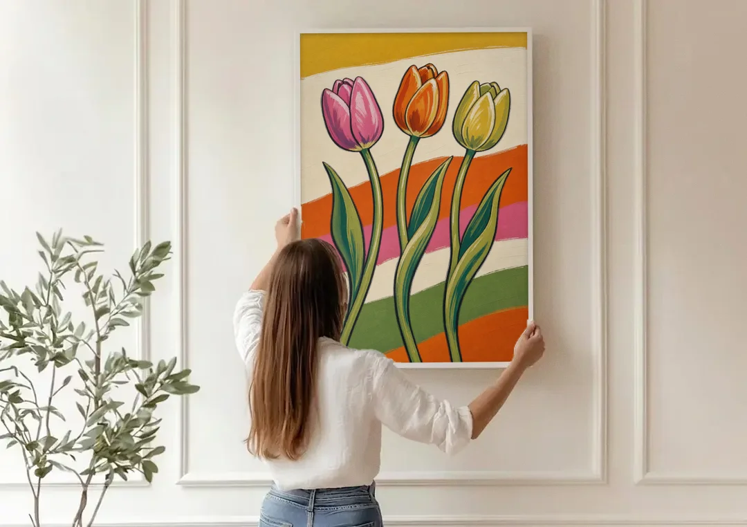 Wavy Retro Dancing Tulip Trio canvas wall art being hung on a paneled wall